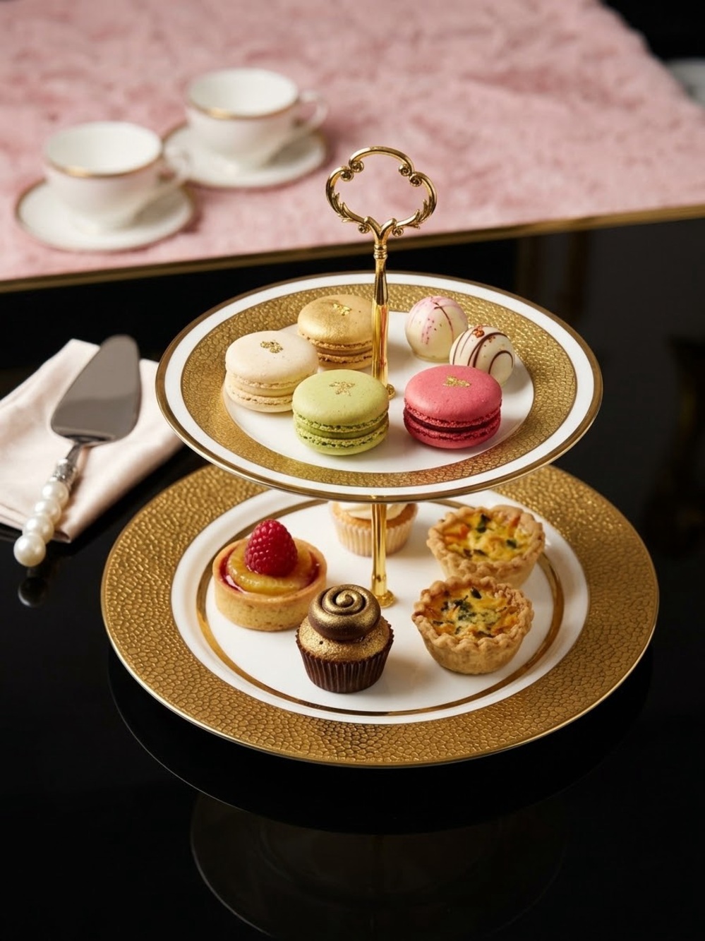 Elegant Two-Tier Gold and White Dessert Stand - Luxury Home Dining